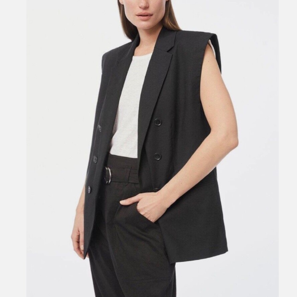NWT Org.$475 FRAME Oversized Double Breasted Linen Blend Vest - Noir XS